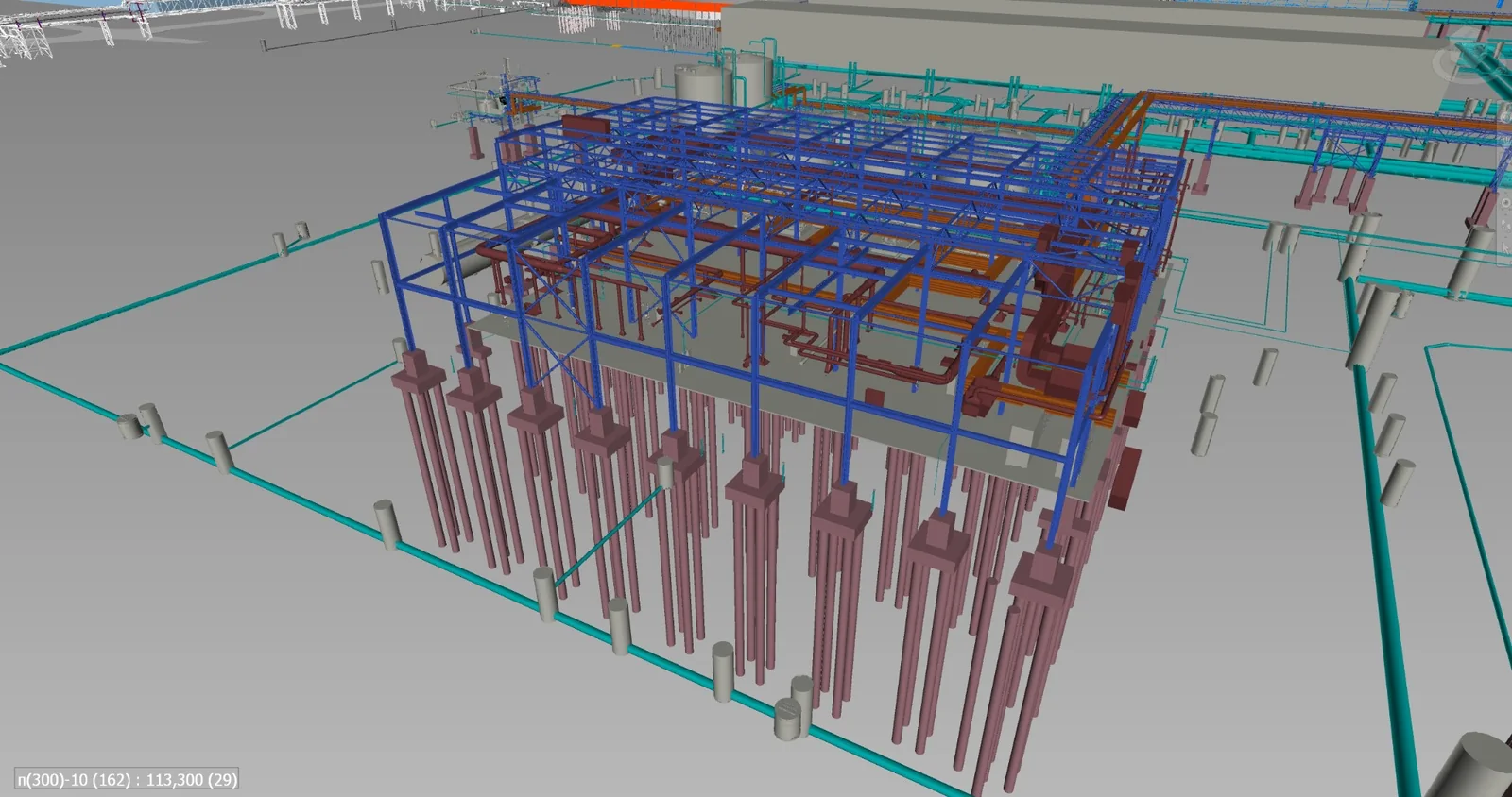 Coordinated BIM model showing structural steel, foundations, and plant systems