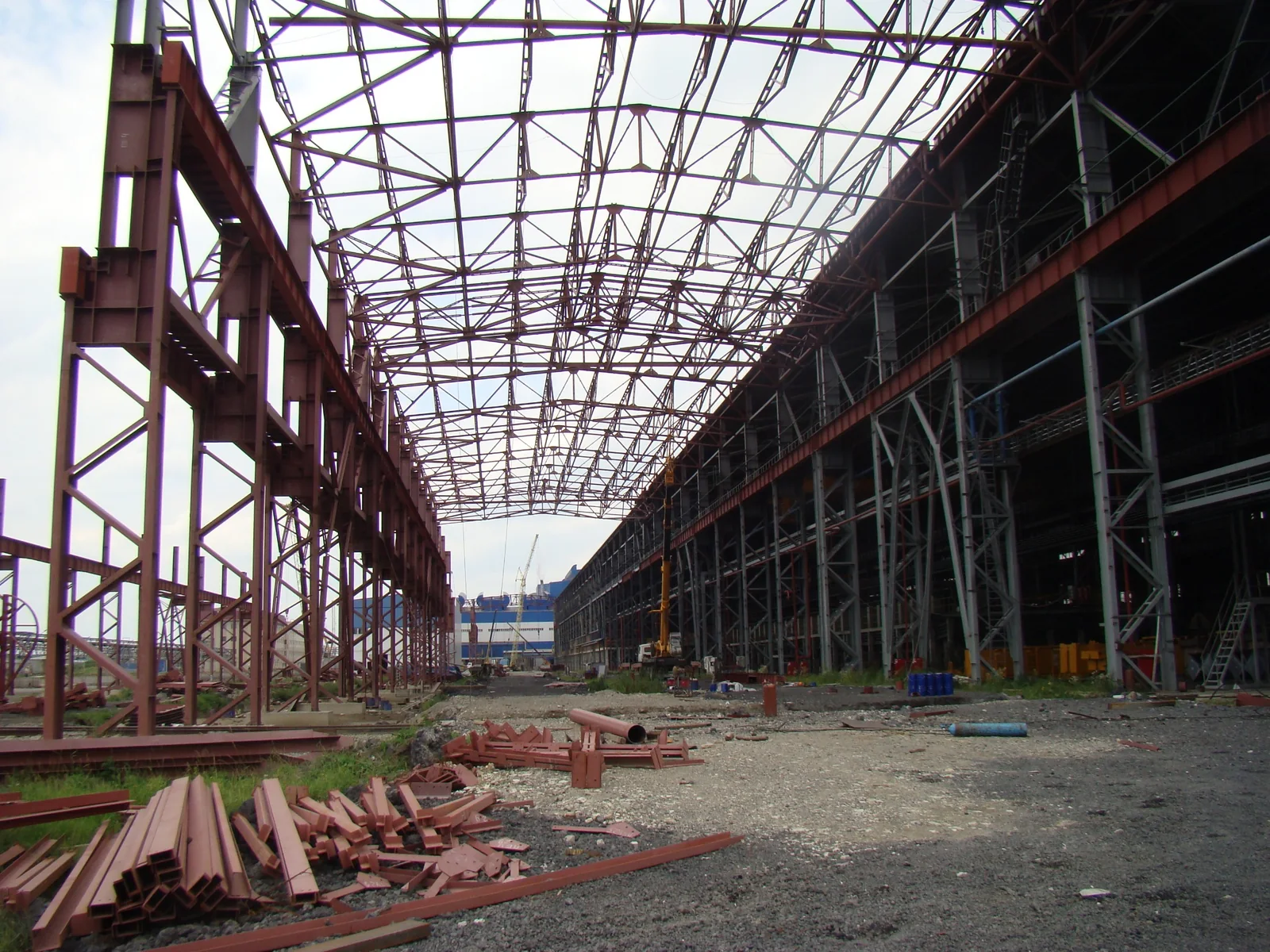 Large industrial steel frame during construction